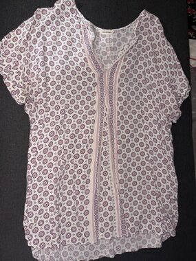 Max Studio White Blouse with Pink and Navy Medallion Print